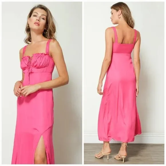 Line & Dot Brooke Bias Cut Ruched Tie Bust Sateen Midi Dress in Hot Pink S - Picture 3 of 16